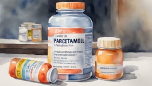 Watercolor painting of various labeled medicine bottles.