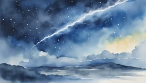 Watercolor painting of a starry night with lightning.