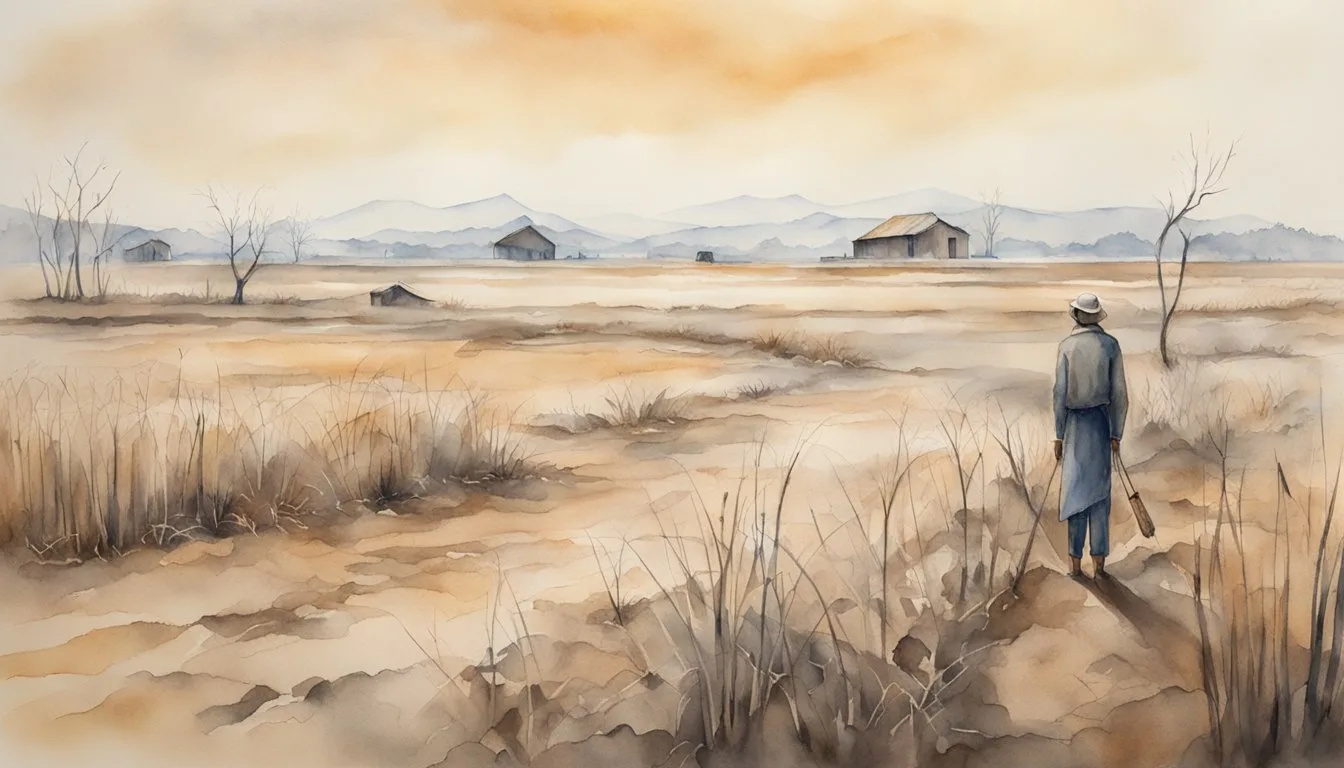 Person observing tranquil watercolor landscape with barns and mountains.