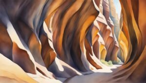 Colorful abstract watercolor painting of canyon cliffs.