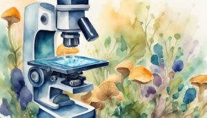 Watercolor of microscope and colorful mushrooms in nature.