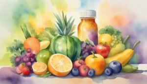 Colorful watercolor painting of assorted fruits and vegetables.