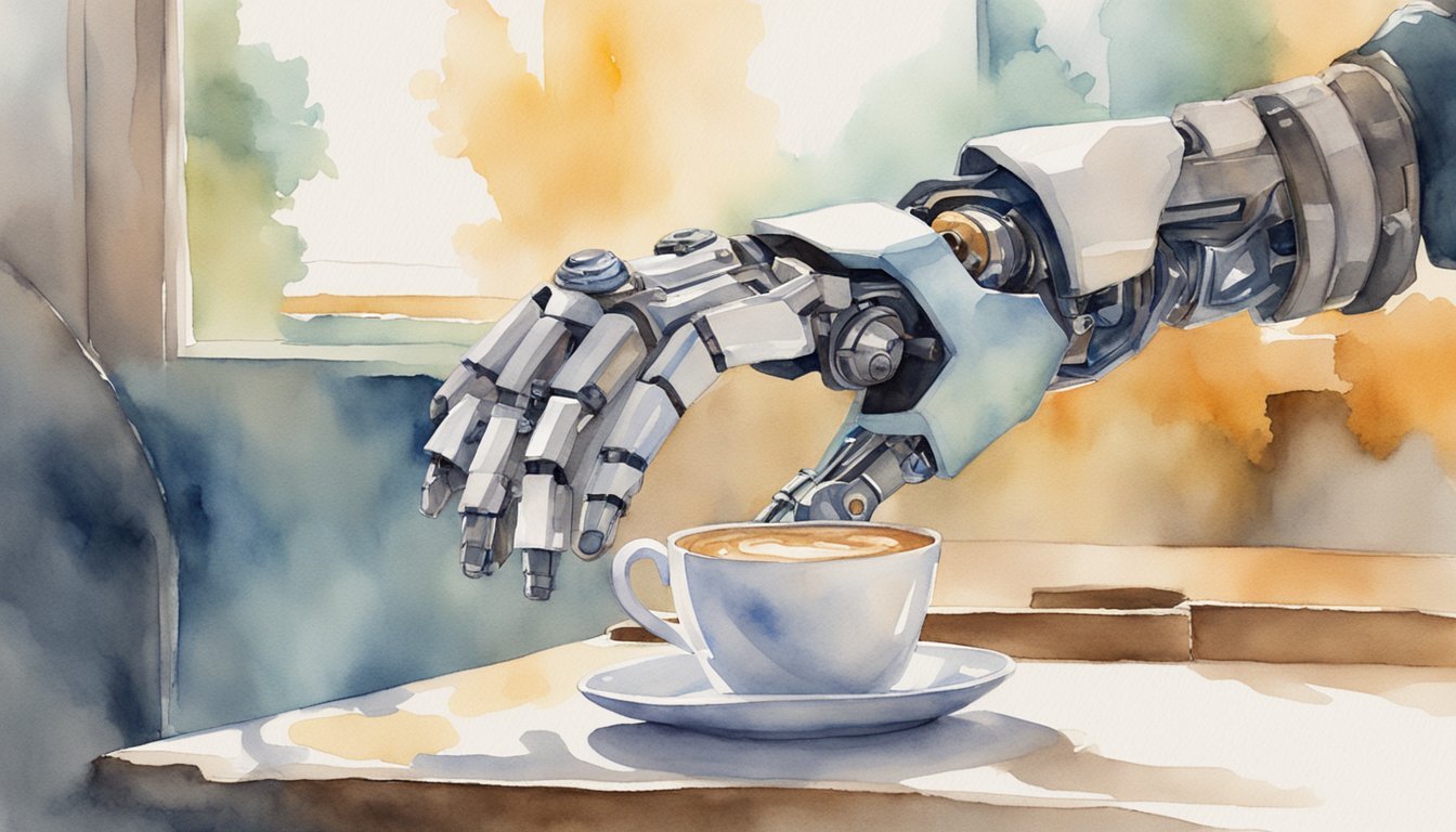 Robot arm pouring coffee in cup, watercolor art.