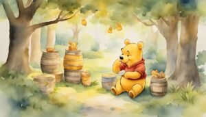 Winnie the Pooh enjoying honey in a tranquil forest.