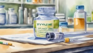 Watercolor painting of medication bottles and syringe on table.