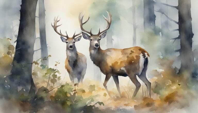 Watercolor painting of two deer in misty forest.