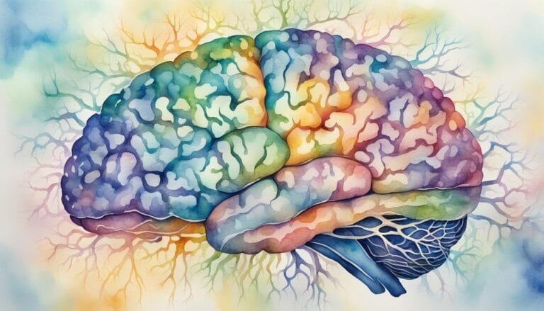 Colorful watercolor painting of a human brain with tree branches.