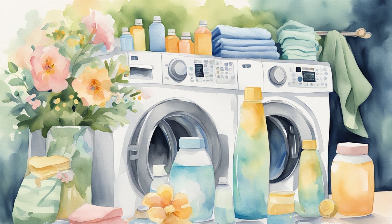 Watercolor laundry room with flowers and washing supplies.