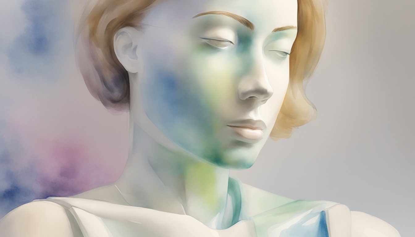 Abstract watercolor-style mannequin with serene expression.