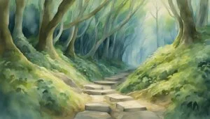 Misty forest path with stone steps in watercolor painting.