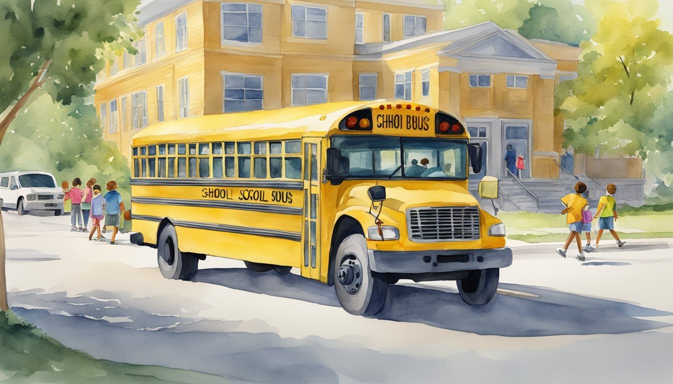 Children boarding yellow school bus near school building.