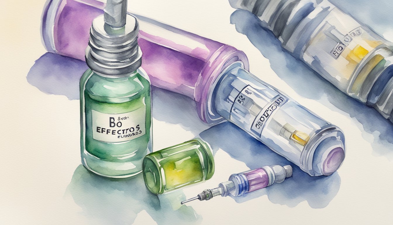 Watercolor painting of medical vials and syringes.