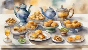 Watercolor of teapots and traditional Middle Eastern sweets.