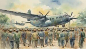 Vintage military aircraft and crowd of soldiers watercolor.