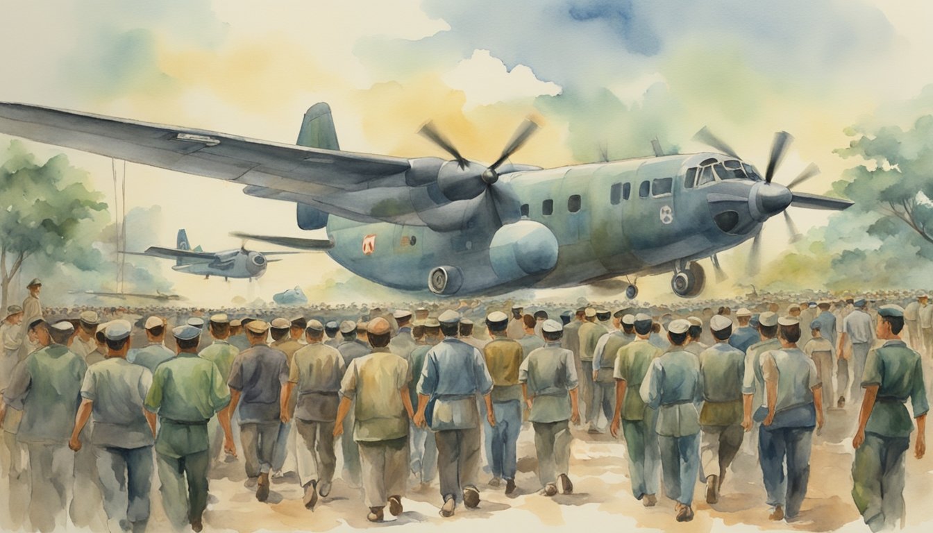 Vintage military aircraft and crowd of soldiers watercolor.