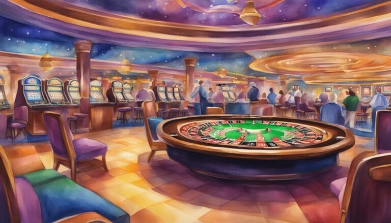 Colorful casino interior with slot machines and roulette table.