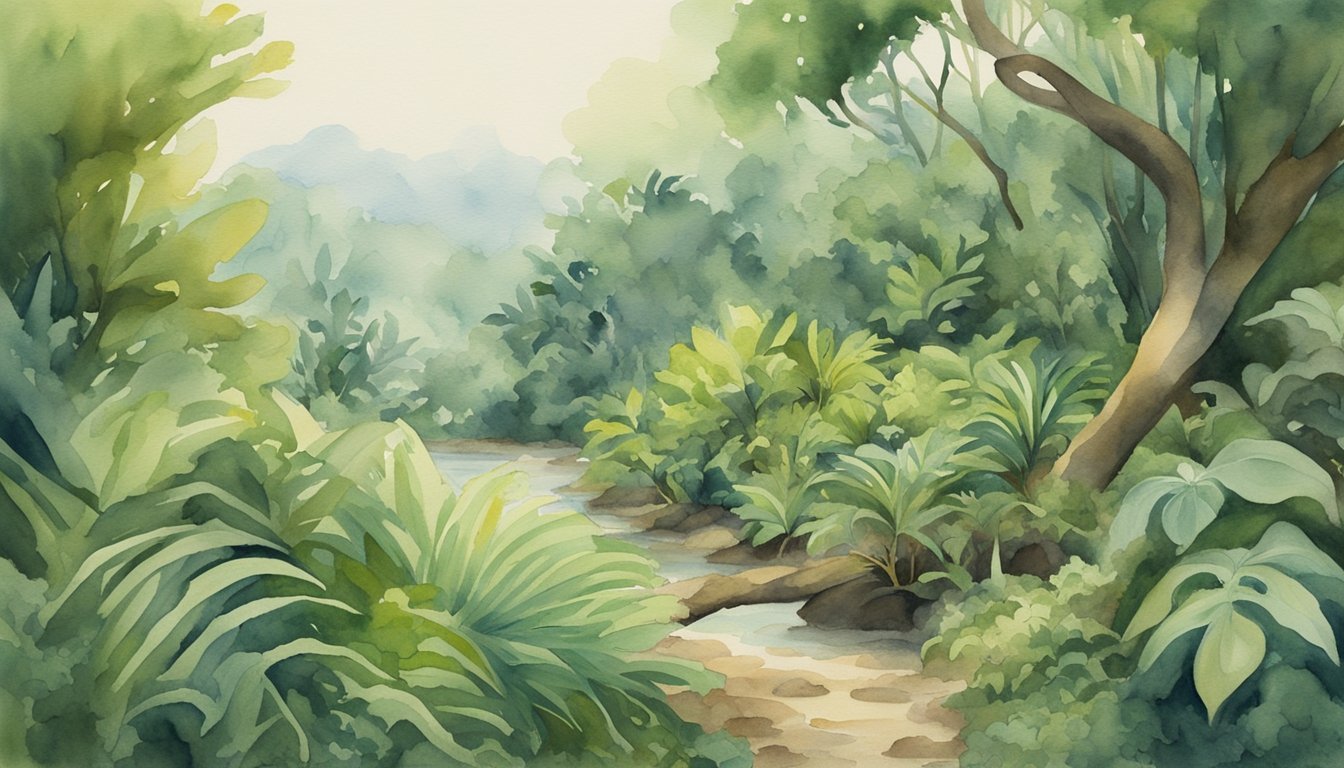 Watercolor painting of a lush, tranquil forest path.