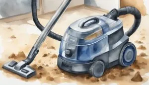 Watercolor illustration of vacuum cleaner cleaning a dirty floor.