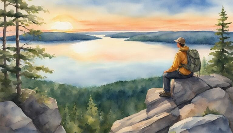 Hiker enjoying sunrise over tranquil forested lake.