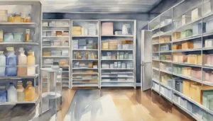 Watercolor painting of well-stocked apothecary shelves.