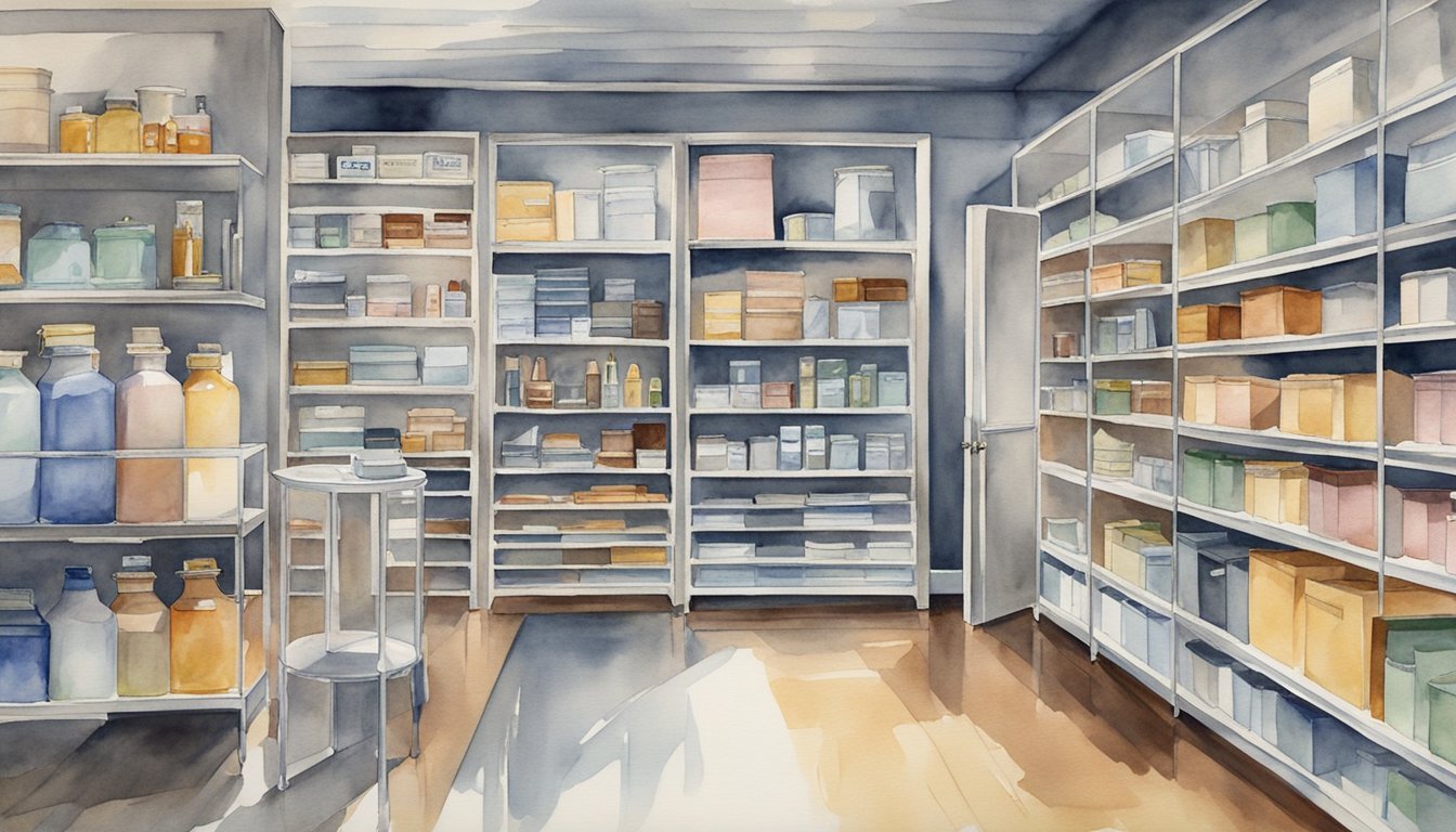 Watercolor painting of well-stocked apothecary shelves.