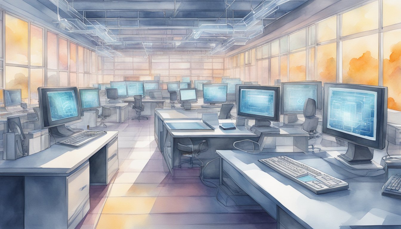 Sunlit computer lab with multiple desktop workstations and monitors.