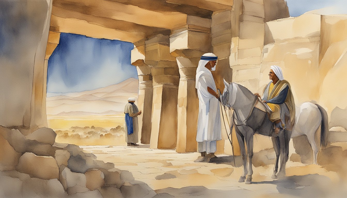 Watercolor painting of people and horse near ancient ruins.