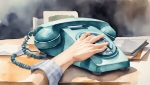 Hand dialing a vintage turquoise rotary phone.