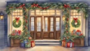 Decorated doorway with Christmas wreaths and gifts.