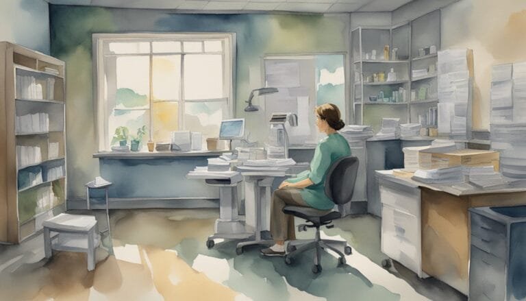 Woman working in sunlit, cluttered office space.