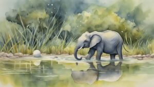 Watercolor painting of an elephant by a reflective pond.