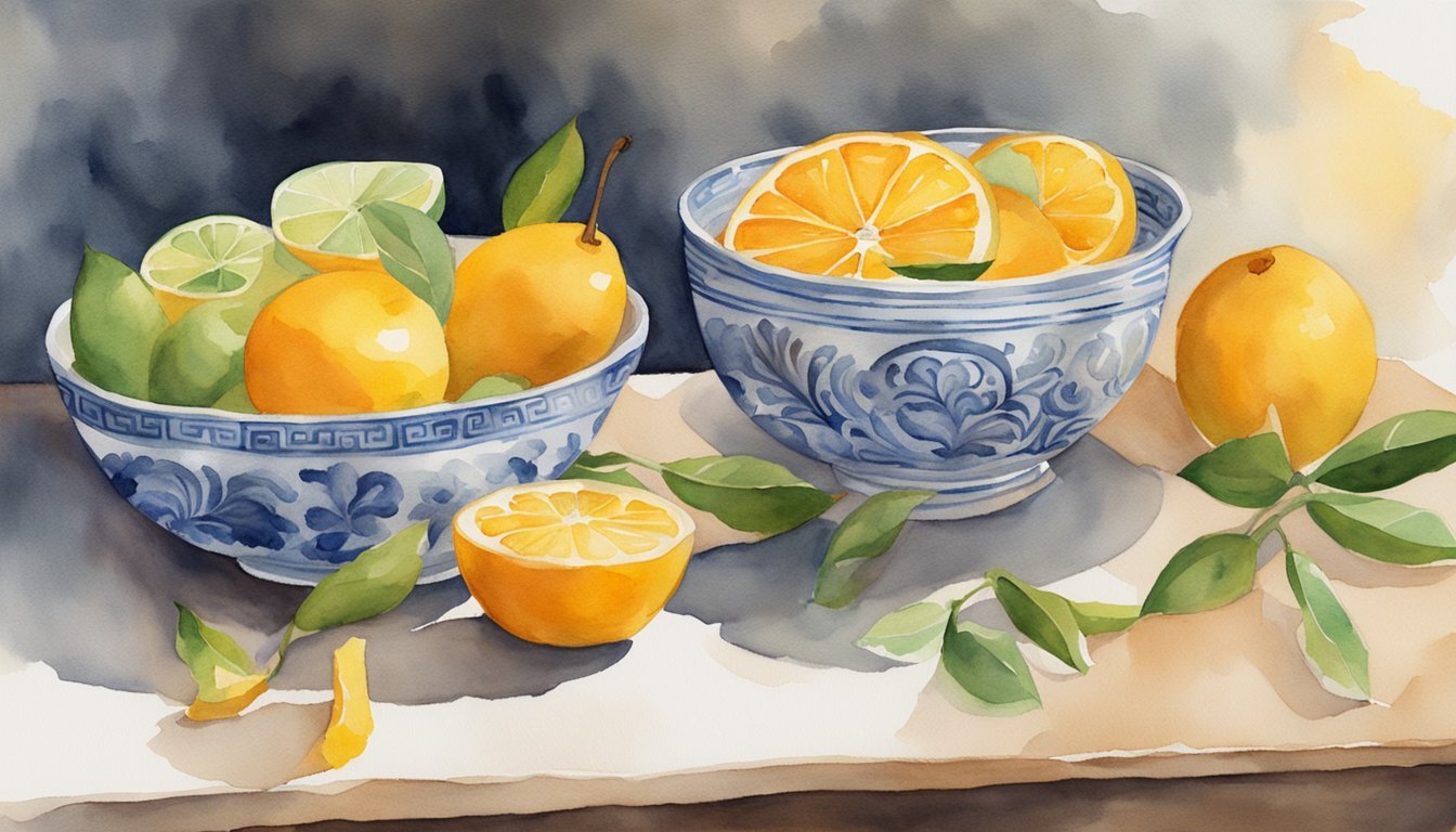 Watercolor of citrus fruits in decorative blue bowls.