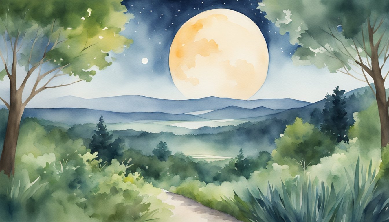 Watercolor landscape with full moon over misty forest hills.