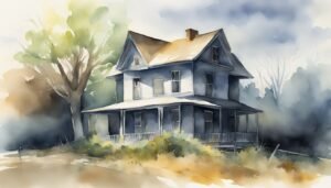 Watercolor painting of a misty, blue Victorian house with trees.