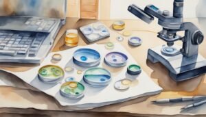 Watercolor illustration of laboratory equipment and petri dishes.