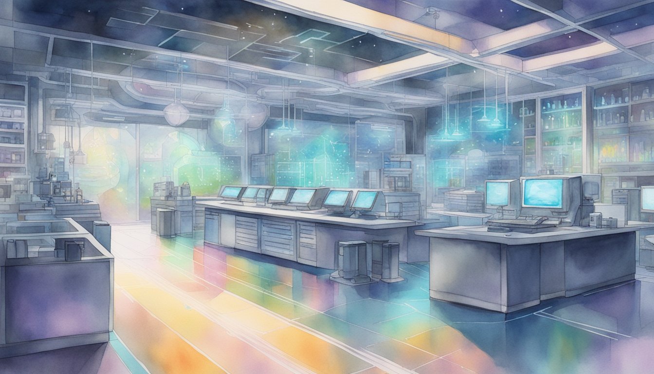 Futuristic laboratory with colorful holographic displays and computers.