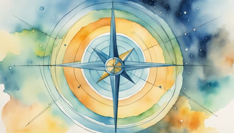 Watercolor painting of a compass with colorful background.