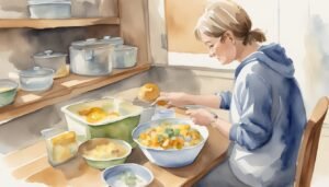 Woman preparing food in kitchen, watercolor painting.