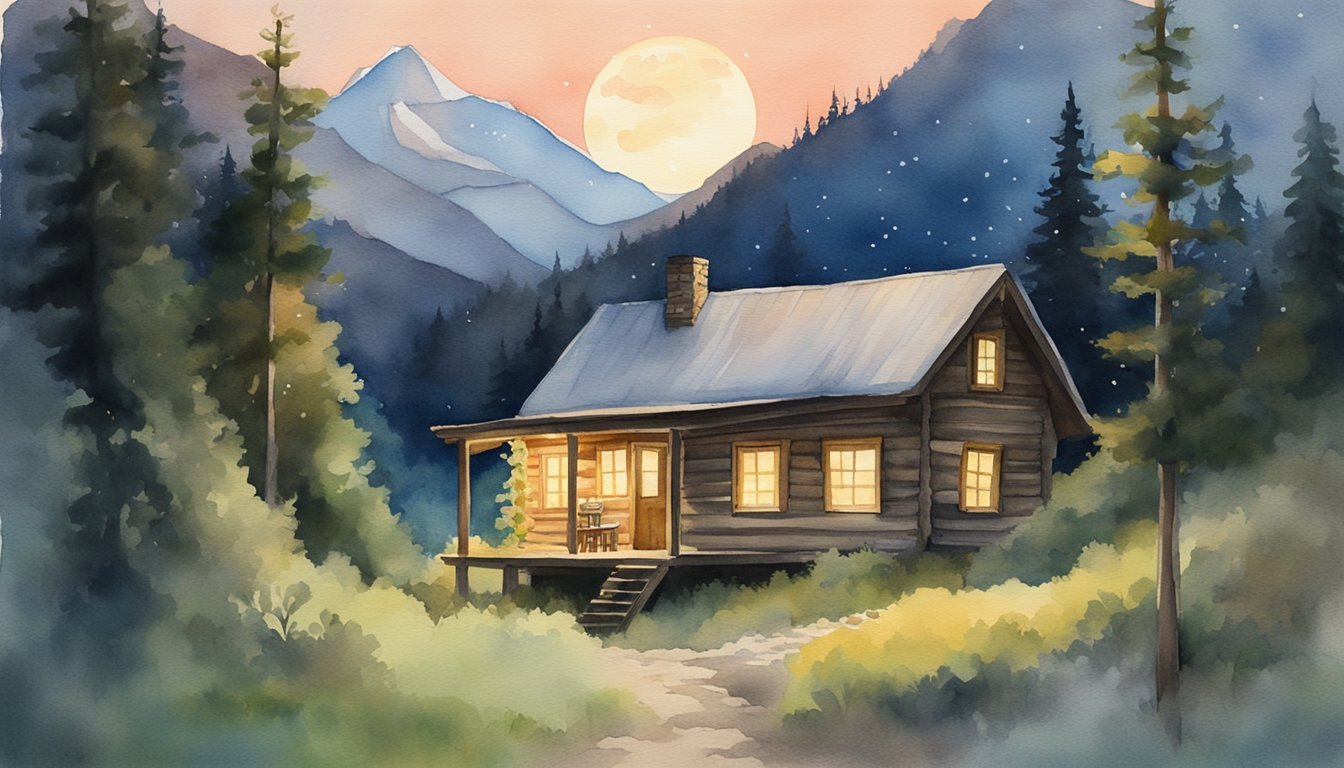 Cabin under moonlit mountain landscape at twilight.