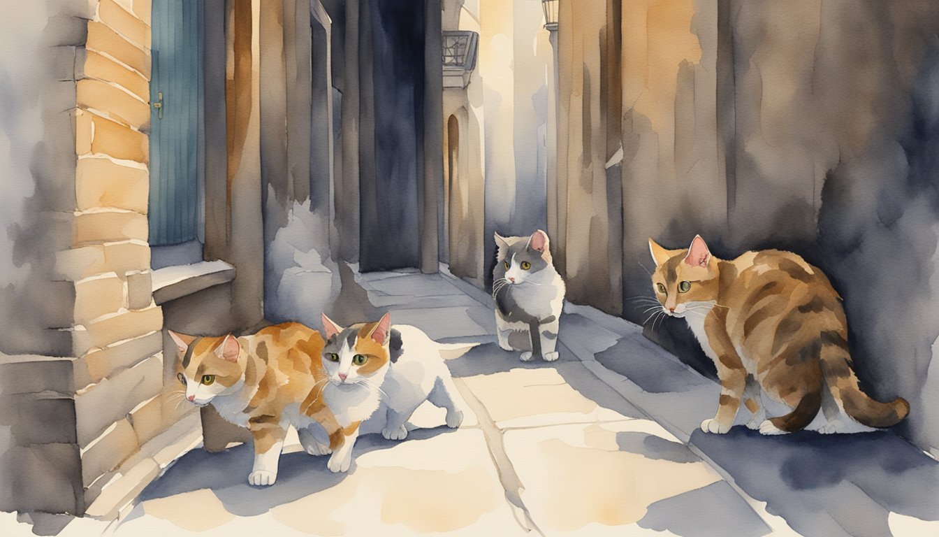 Watercolor painting of cats in a sunlit alley.