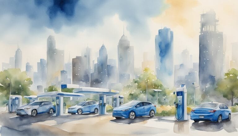 Watercolor of electric cars charging in cityscape.