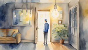 Man in blue entering sunlit, cozy, modern living room.