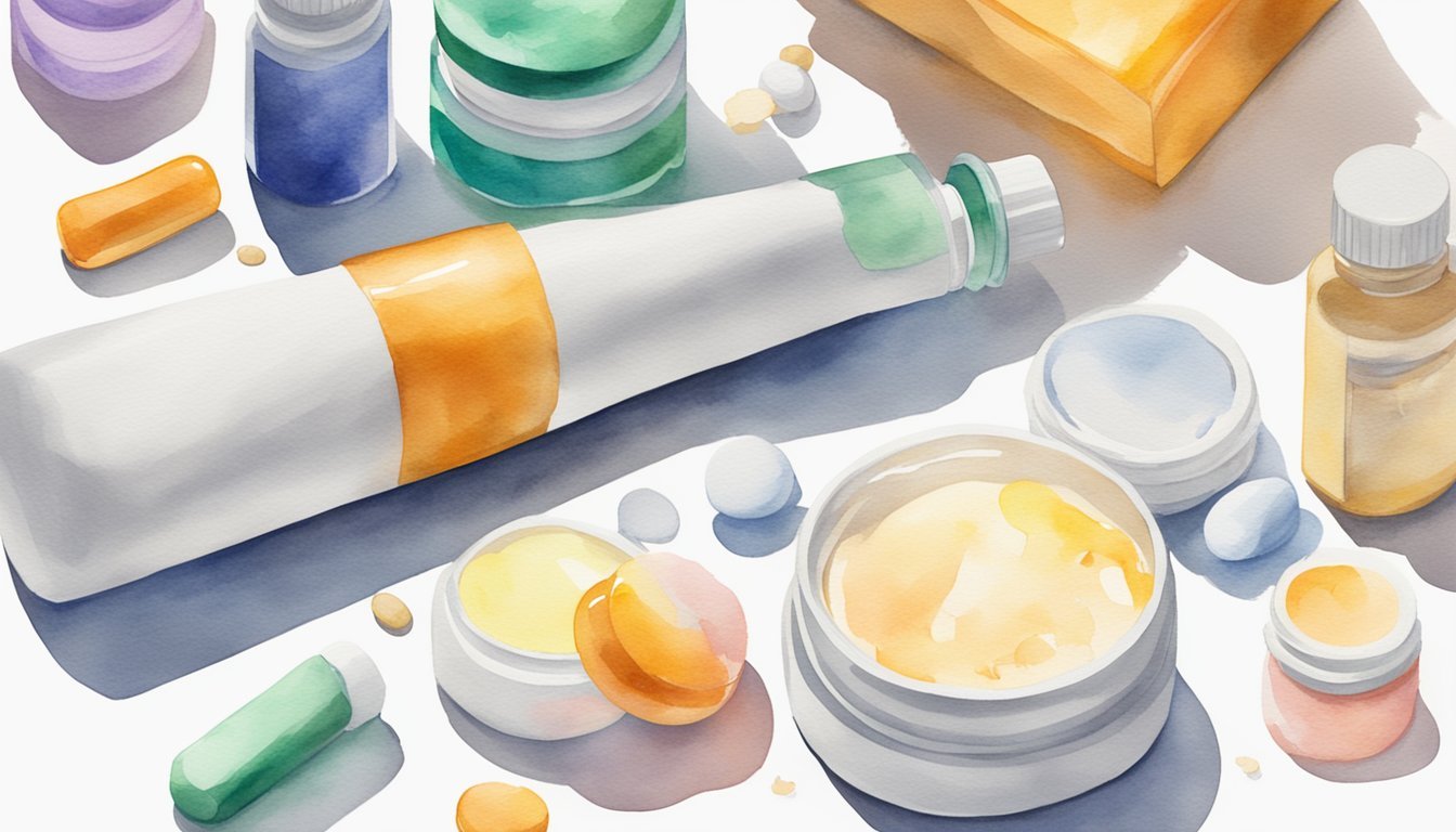 Watercolor painting of assorted skincare products.