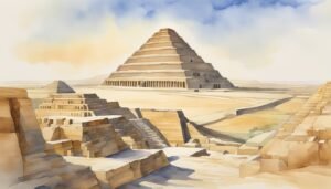 Watercolor painting of ancient Egyptian pyramids in desert.