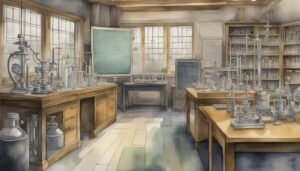 Detailed vintage science laboratory with equipment and chalkboards.