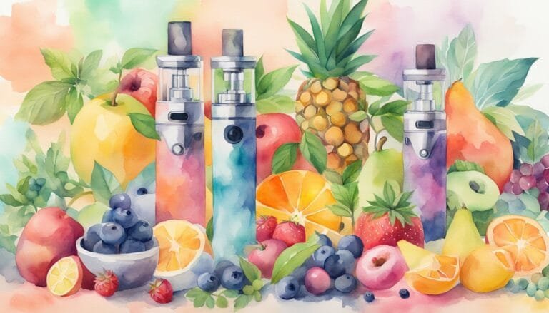 Watercolor of vape pens amid vibrant, assorted fruits.