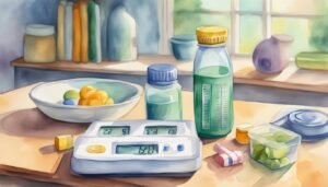 Watercolor painting of a kitchen scale and healthy ingredients.