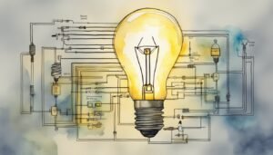 Illuminated light bulb with conceptual engineering drawings.