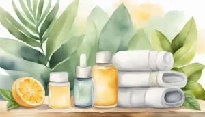 Watercolor spa essentials with plants and citrus.