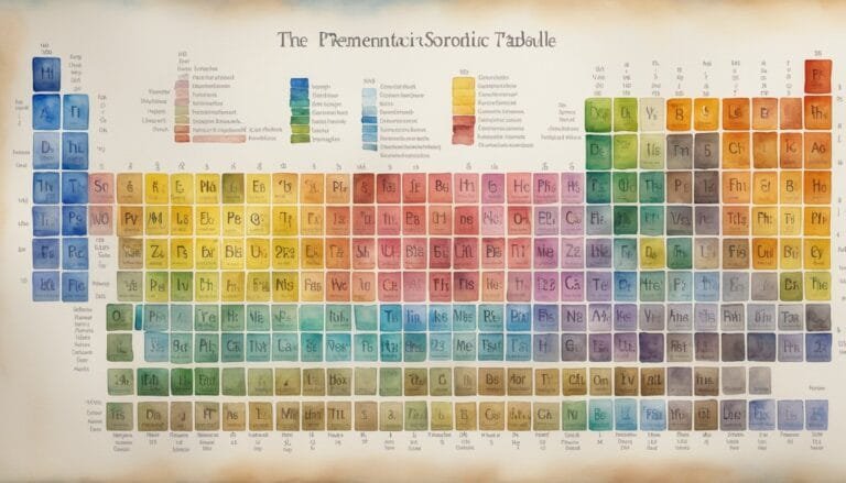 Colorful illustrated periodic table with fictional elements.